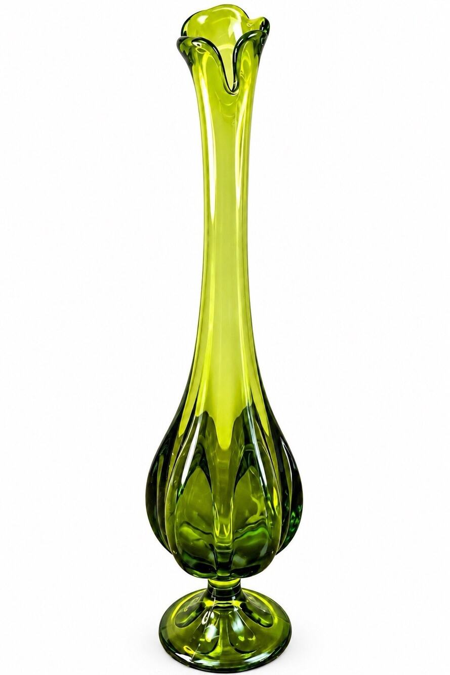 Vintage Olive Green Art Glass Vase 15.5” Tall Footed Ruffled Rim MCM Decor